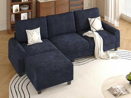 EASE MOOSE 100" Chenille L-Shaped Sectional Sofa with Ottoman, Navy Blue | Deep Seat, Pet-friendly, Removable Washable Cover, Pocket Spring Cushion, Easy Clean, Easy Assembly Couches for Living Room - color: Navy Blue, size: 100" L-Shape
