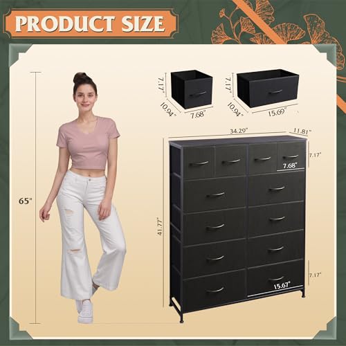 WLIVE 12 Drawer Tall Black Fabric Dresser Bedroom Storage Chest | Black tall 12-drawer fabric dresser with wood top, modern storage tower for bedroom home office closet living room - color: Charcoal Black