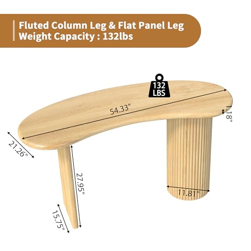 LEVNARY 54.3" Curved Small Computer Desk, Wooden Executive Desk with Sturdy Fluted Legs, Modern Luxury Corner Single Writing Vanity Desk for Bedroom Living Room Home Office (Natural)