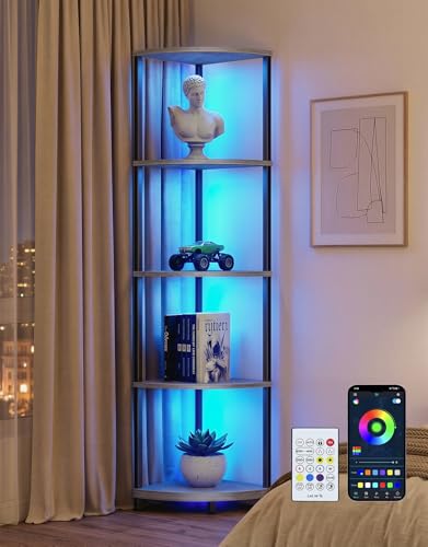 Corner Shelf with LED Light, 5 Tier Smart Color Changing Floor Lamp with Remote, 62" Display Shelf Bookshelf Narrow Storage Rack Standing Lamp for Living Room Bedroom Home Office Decor, Grey - color: Gray