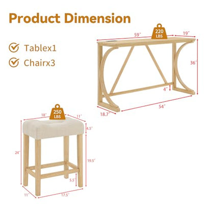 59" Dining Bar Table Set with Power Outlet, Behind Couch Sofa Table with 3 Padded Stools, 5 Piece Bar Table and Chairs Set for Living Room, Dining Room, Light Oak - color: O1-oak
