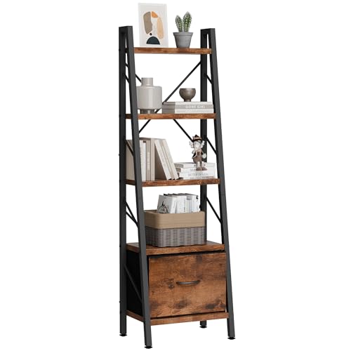 Shintenchi 5 Tier Ladder Bookshelf with Drawer, Tall Modern Corner Bookshelves, Narrow Book Shelf with Storage for CDs/Books/Movies, Bookcase for Room/Home/Office, Rustic Brown - size: 16.7'' W x 12'' D x 55.8'' H-1 Drawer