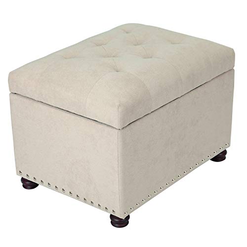 Adeco Classy Cotton Mix Fabric Accents Rectangular Storage Bench Footstool Ottomans & Storage Ottomans, White - color: White Fabric