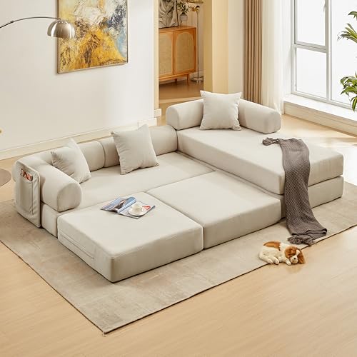 107" Modular Sectional Sofa Bed, L-Shape Corduroy Boneless Couch, Beige | Sleeper Futon Sofa Bed, Boneless Couches for Living Room, Modular Couch with Storage, Pull Out Couch, No Assembly Required - color: Beige Corduroy