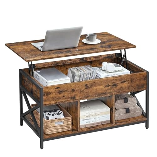 VASAGLE Lift Top Coffee Table with Storage Shelf, 3 Compartments | Coffee Table for Living Room, Adjustable Height, 19.7 x 39.4 x (19.3-24.4) Inches, Rustic Brown and Black ULCT202B01 - color: Rustic Brown + Black, size: 39.4"W x 24.4"H
