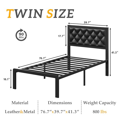HISOFT Twin Bed Frame with Upholstered Button Tufted Headboard, Bed Frame Platform Metal Slats Support, Under Bed Storage, No Box Spring Needed, Noise-Free, Easy Assembly, Black - color: Black, size: Twin