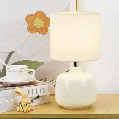 LAMPWELLOSLO Small Ceramic Table Lamp for Living Room and Bedroom,Modern Kids Night Table Lamp,Φ7.09×H13.39IN,Bulb Excluded,Cream - color: Cream