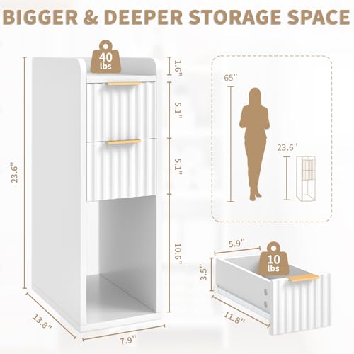 Narrow Nightstand Set of 2, 7.9" Wood Nightstands w/Fluted 2 Drawer, Slim Bed Side End Table Small Spaces Modern Skinny Wooden Night Stand for Bedroom, Living Room, White