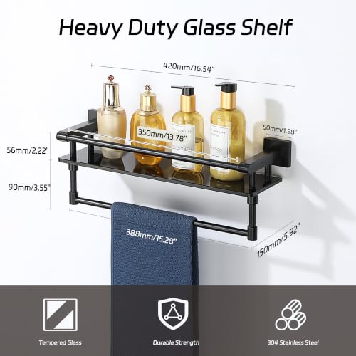 Alise Bathroom Shelf with Towel Bar,16 Inch Matte Black Glass Shelf | Floating Bathroom Glass Shelves,Tempered Glass,SUS304 Stainless Steel - color: Matte Black, size: 16 In