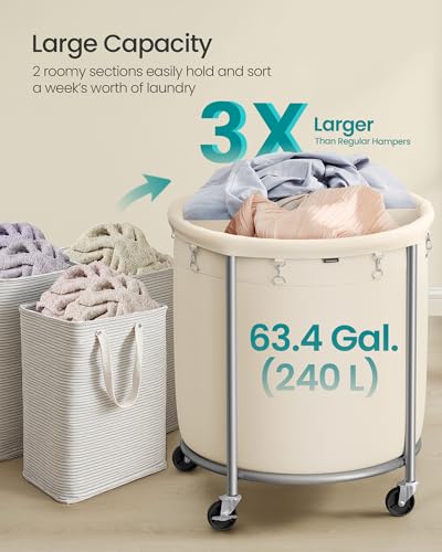 SONGMICS Laundry Basket, Rolling Steel Frame with 2 Locking Wheels, 240 L | Heavy-Duty Laundry Hamper Cart with Removable Bag, Cream White and Metallic Silver, URLS012W01 - color: Cream White + Metallic Silver, size: 240 L (2-Section)