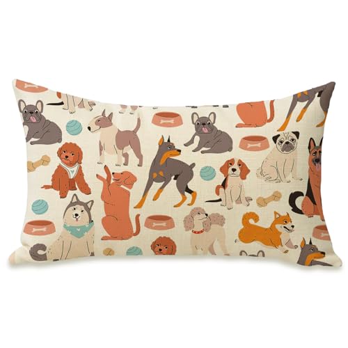 Fahrendom Cute Dogs Lumbar Decorative Rectangle Pillow Cover 12 x 20 | Puppy Golden Retriever German Shepherd Bulldog Porch Patio Pillowcase, Sofa Couch Cushion Case Home Decor Pet Owner Lover
