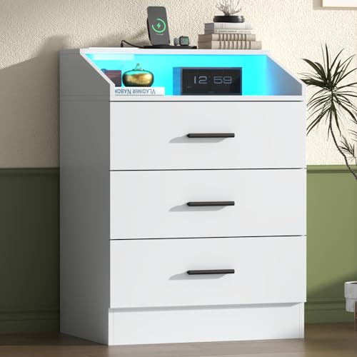 Gyfimoie 3 Drawer Dresser for Bedroom with Power Outlet, White Dresser with LED Light, Modern Dressers with Open Storage Cubby, Chest of Drawers Storage Organizer for Hallway, Living Room (White)… - color: 3 Drawer-white