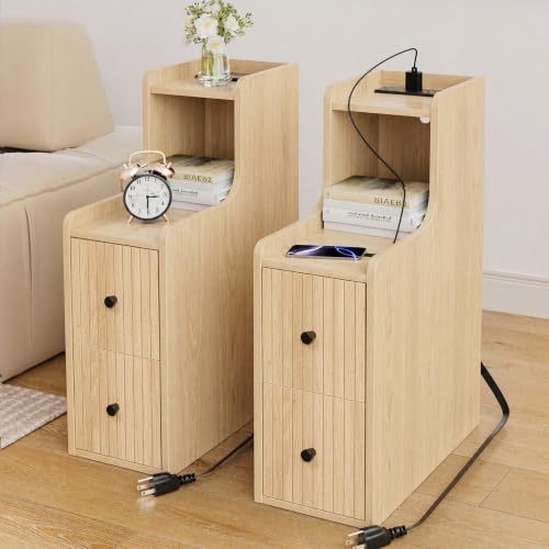 Set of 2 Narrow Side Table with Charging Station, Wooden Slim End Table with Storage, Mid Century Modern Nightstand with Drawers for Living Room, Oak - color: Oak, size: 7.9"x23.6"