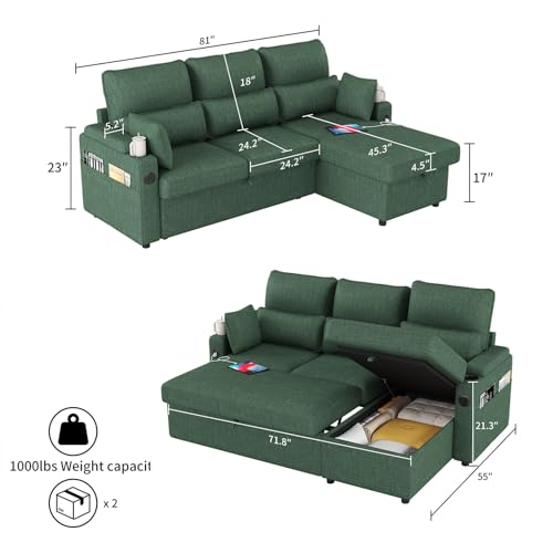 L-Sofa Bed Sleeper Pull Out with Storage Function and Two USB Ports and Cup Holder, Perfect for Small Space Modern Convertible Sofa Bed Living Room, Apartment Living Room - color: Green, size: 81'' L shape sofa