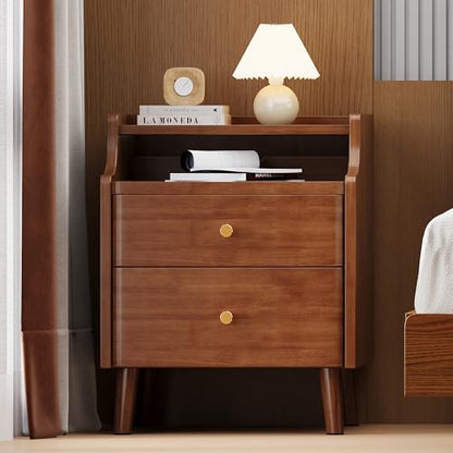 Nightstand with Drawers, 15.7" Solid Wood Side Table for Bedroom, Modern Bedside Table with Pull-Out Tray & Cable Management, Walnut - color: Walnut, size: 16"