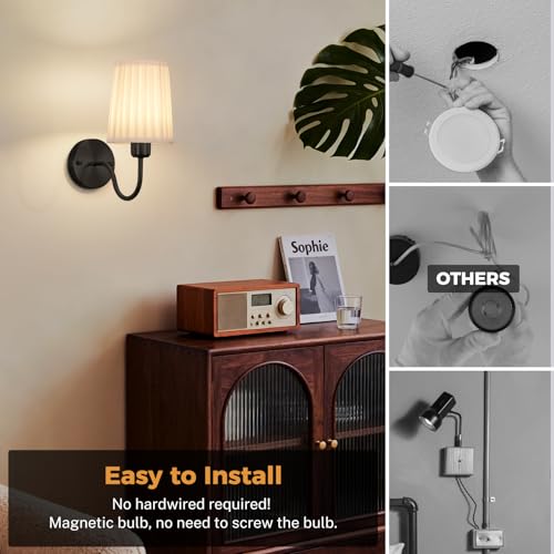 Battery Operated Wall Sconce Set of 2, Rechargeable Wall Sconces with 10000mAh Dimming Magnetic Bulb, Wireless Battery Powered Wall Lights with Pleated for Bedroom Living Room Gallery Hallway,Black - color: Black-White