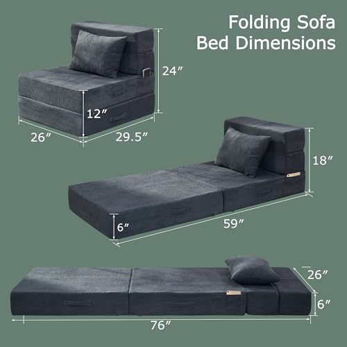 Folding Sofa Bed, 4 in 1 Convertible Sleeper Chair with Pillow, Single Memory Foam Fold Out Chair Bed, Modern Floor Futon Sofa Couch Mattress for Living Room/Guest/Apartment, Dark Grey - color: Dark Gray, size: Single