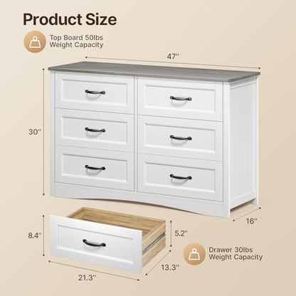 Gizoon 47" 6 Drawer Dresser, White & Grey Chest of Drawers Bedroom | 6 drawer wood dresser with metal handles. Storage cabinet organizer for bedroom, kids nursery room and home office - color: Grey