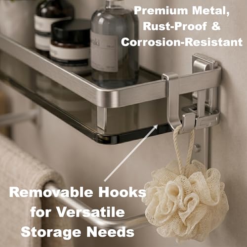 Glass Shelf for Bathroom 15.7 in Bathroom Shelves with Towel Bar Tempered Glass Shelves with 4 Removable Hooks for Wall（2 Tier） - color: Silver