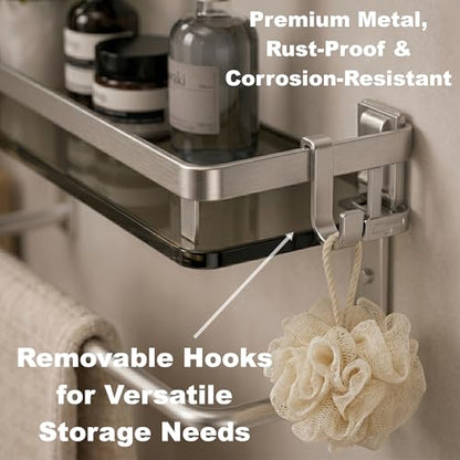 Glass Shelf for Bathroom 15.7 in Bathroom Shelves with Towel Bar Tempered Glass Shelves with 4 Removable Hooks for Wall（2 Tier） - color: Silver