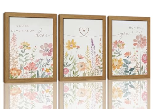 Wow NEW ART Watercolor Wildflower Wall Art Set of 3, 12x16in Wood Framed | Boho Botanical Flowers Canvas Prints Wall Decor, with Heart Line and romantic song lyrics for Gifts and Office Home Decor - color: Flower Heart, size: 16L" x 12W"