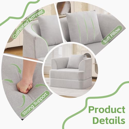 2-in-1 Folding Sofa Bed, Chenille Convertible Single Sleeper Chair Bed, Modern Boneless Foldable Couch, High-Density Foam Lounge Chair for Living Room, Bedroom, No Assembly Required, Light Grey - color: Light Grey