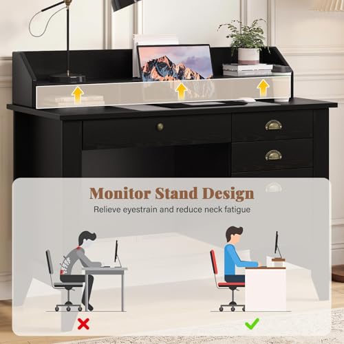 4 EVER WINNER Black Desk with Drawers, Small Desk with File Drawer and Monitor Stand, Computer Desk with Storage, Writing Desk for Bedroom Home Office, Black - color: Black