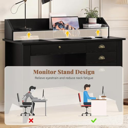 4 EVER WINNER Black Desk with Drawers, Small Desk with File Drawer and Monitor Stand, Computer Desk with Storage, Writing Desk for Bedroom Home Office, Black - color: Black