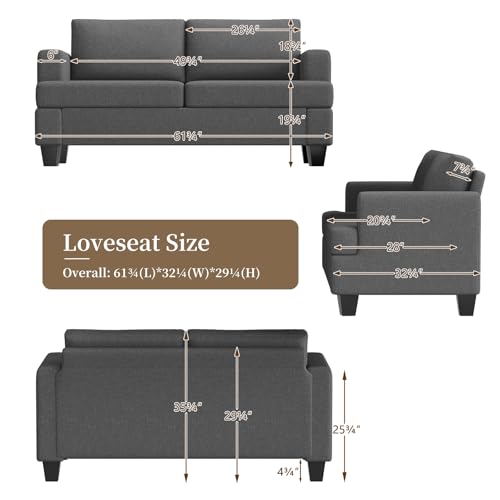 Furnimart 62" Loveseat Couch, Modern Love Seat Sofa, Comfy Deep Seat Sofa for Living Room, Small Couches for Small Spaces, 2 Seater Couch for Bedroom, Linen Dark Grey - color: Dark Grey, size: Loveseat 62"