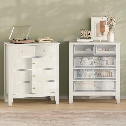 Upgraded Wide & Tall Fluted Nightstand for Bedroom, 32" * 37" Tall Modern Bedside Table with Charging Station, Curved Profile Design Drawers, End Table with Metal Handles for Living Room, Entryway - size: 5 drawers-1pc