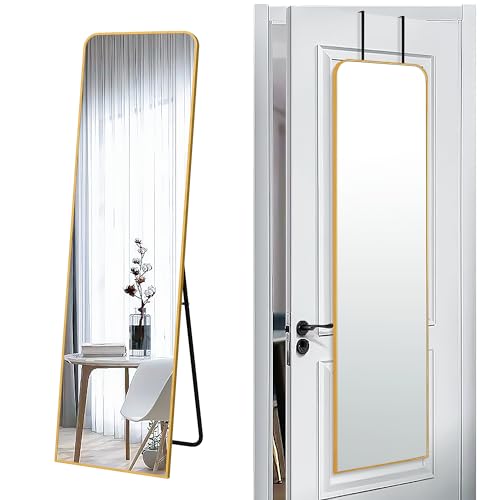 57x16" Full Length Mirror Floor Stand,Over the Door,Wall Mounted Gold | HD Crystal Clear Tempered Glass,Aluminum Frame,Full Body Dressing Make-Up Mirrors Rect Hang for Bedroom,Bathroom,Living Room - color: Gold, size: 57"L x 16"W