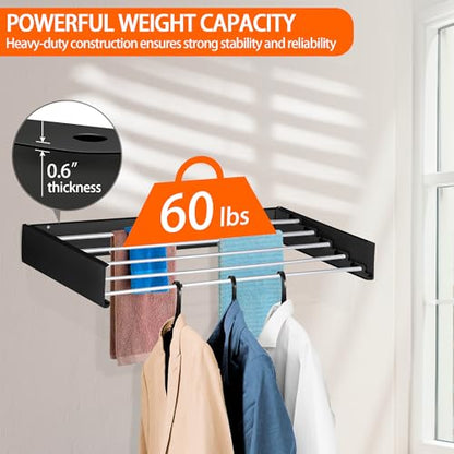 Laundry Drying Rack Wall Mounted Clothes Drying Rack Collapsible with 5 Aluminum Rods and Drilling Template Long Screwdriver Bit 60 lbs Capacity (Black, 40") - color: Black, size: 40"