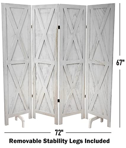 Premium Home 4-Panel Room Divider – Rustic White Barn Door, X Pattern Folding Privacy Screen, Partition Wall - color: Rustic White - X Pattern - 4 Panel