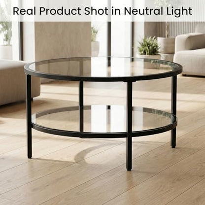 DIYART 29.5" Round Glass Coffee Table, 2-Tier Modern Black Glass & Metal End Table for Living Room, Mid Century Accent Table with Lower Shelf, 29.5" D x 16.5" H
