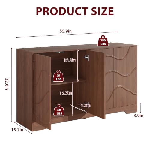 Godchoices 56" Sideboard Buffet Cabinet with Storage, Modern Accent Credenza with Wavy Doors & Adjustable Shelf, Console Cabinet for Kitchen,Living Room,Dining Room,Entryway,Hallway - color: 56" Walnut