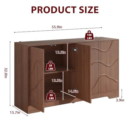 Godchoices 56" Sideboard Buffet Cabinet with Storage, Modern Accent Credenza with Wavy Doors & Adjustable Shelf, Console Cabinet for Kitchen,Living Room,Dining Room,Entryway,Hallway - color: 56" Walnut