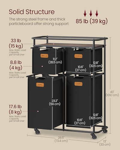 VASAGLE Laundry Sorter with Wheels, 39.6 Gal., 4 Removable Liners | Portable Laundry Cart with Shelf, 150 L, 6 Labels, Ink Black and Chestnut Brown, STEVIE Collection URLS100BH01S - size: 4 Bags