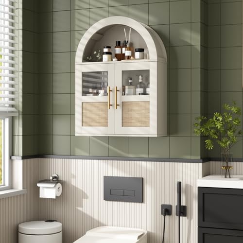 RUSTOWN Arched Bathroom Wall Cabinet with 2 Glass & Rattan Doors | Rattan Medicine Cabinet, Farmhouse Over the Toilet Storage Cabinet, Adjustable Shelves, 3-Tier Wall Mounted Cabinets - color: Rustic White