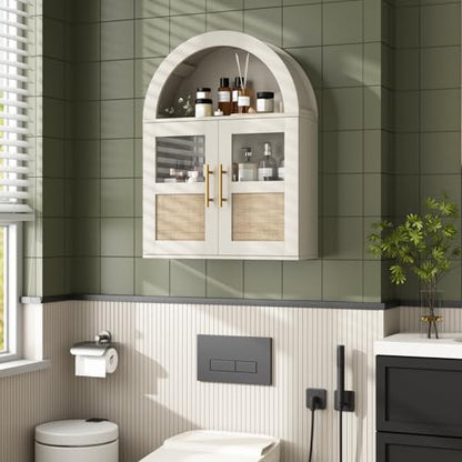 RUSTOWN Arched Bathroom Wall Cabinet with 2 Glass & Rattan Doors | Rattan Medicine Cabinet, Farmhouse Over the Toilet Storage Cabinet, Adjustable Shelves, 3-Tier Wall Mounted Cabinets - color: Rustic White