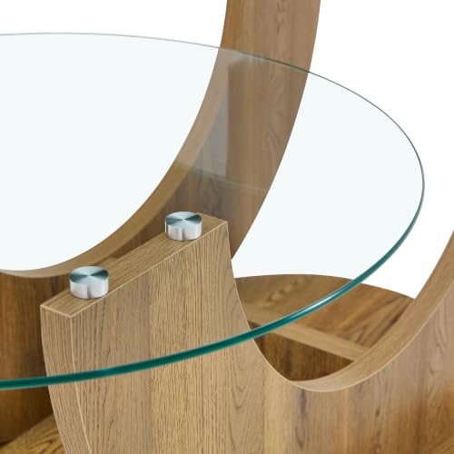 Modern Glass Coffee Table, 31.8" U-Shaped Wood Base Side Table with Tempered Glass Top, 2-Tier Round Accent Table with Natural Wood Finish for Living Room, Bedroom, Office - color: Natural Wood, size: 31.8" U-Shaped