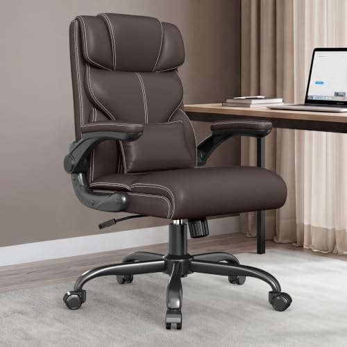 Office Chair, Executive Mid-Back Computer Desk Chair with Flip-up Armrests | 300 Lbs Ergonomic Leather Swivel PC Chair with Rock Function for Working Studying (Coffee) - color: Coffee
