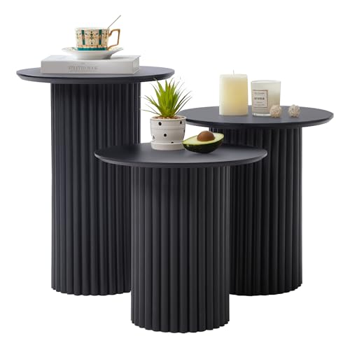 Bifins Black Round Nesting Coffee Table Set of 3 | Coffee and End Table Set,Fluted,Nesting Side Table,Drink Table,End Table,Plant Stand,Mid Century Modern,Nested - color: Black