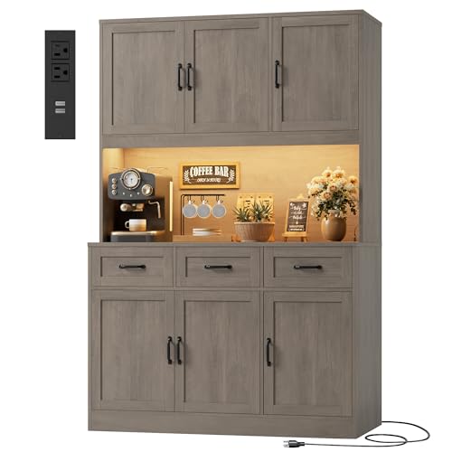 HOSTACK Kitchen Pantry Storage Cabinet, Kitchen Hutch Cabinet, Ash Gray | 47"W Food Pantry Cabinet with Smart LED / Charging Station / Countertop / 3 Large Drawers, 72"H Storage Hutch for Dining Room - color: Ash Gray