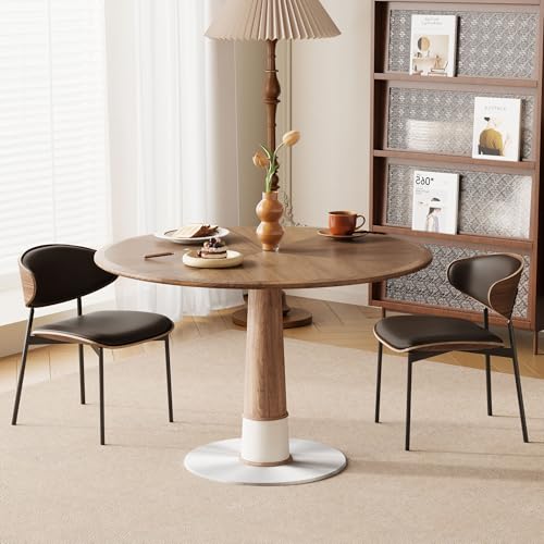 Modern Round Dining Table with Parquet Walnut Tabletop Seats 4-6 | 47.2" Small Circle Pedestal Kitchen Table with Metal Base for Dining Room, Kitchen, Apartment, Living Room