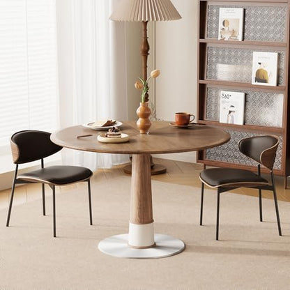 Modern Round Dining Table with Parquet Walnut Tabletop Seats 4-6 | 47.2" Small Circle Pedestal Kitchen Table with Metal Base for Dining Room, Kitchen, Apartment, Living Room