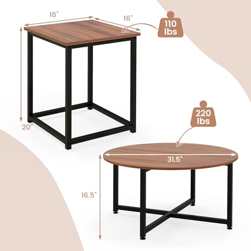 COSTWAY Coffee Table Set of 3, Round Wood Grain Coffee Table and 2 Square End Side Tables with Metal Frame, Modern 3-Piece Living Room Tables Set for Small Space, Apartment (Walnut & Black) - color: Walnut & Black