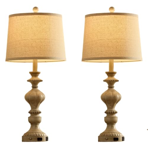 SAIWEYA 27.5" Farmhouse Table Lamps Set of 2, 3 Way Dimmable Touch Lamps | Touch Control, Dimmable, USB C+A Ports & AC Outlet, Bulbs Included, Bedside Nightstand Lamp for Living Room, Bedroom - color: Gray