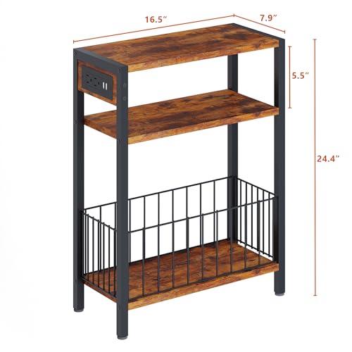 TRIFEBLE Narrow Side Table with Charging Station, Small End Table for Small Spaces, Slim Nightstand with Storage Basket, 3 Tier Skinny Bedside Table for Living Room, Bedroom, Rustic Brown - color: Rustic Brown