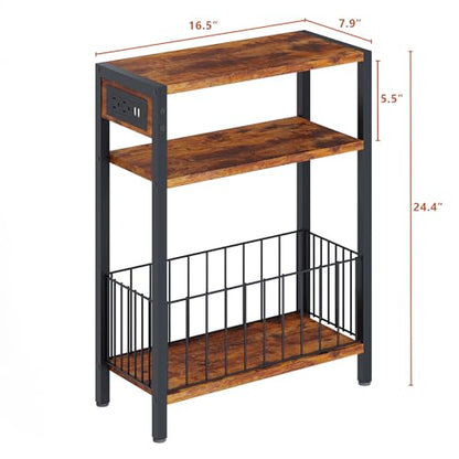 TRIFEBLE Narrow Side Table with Charging Station, Small End Table for Small Spaces, Slim Nightstand with Storage Basket, 3 Tier Skinny Bedside Table for Living Room, Bedroom, Rustic Brown - color: Rustic Brown