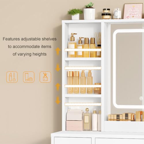 Large White Makeup Vanity Desk with Charging Station & 9 Drawers | Smart LED Mirror,7 Open Storage Shelves,Hairdryer Rack,Girls Vanity for Bedroom